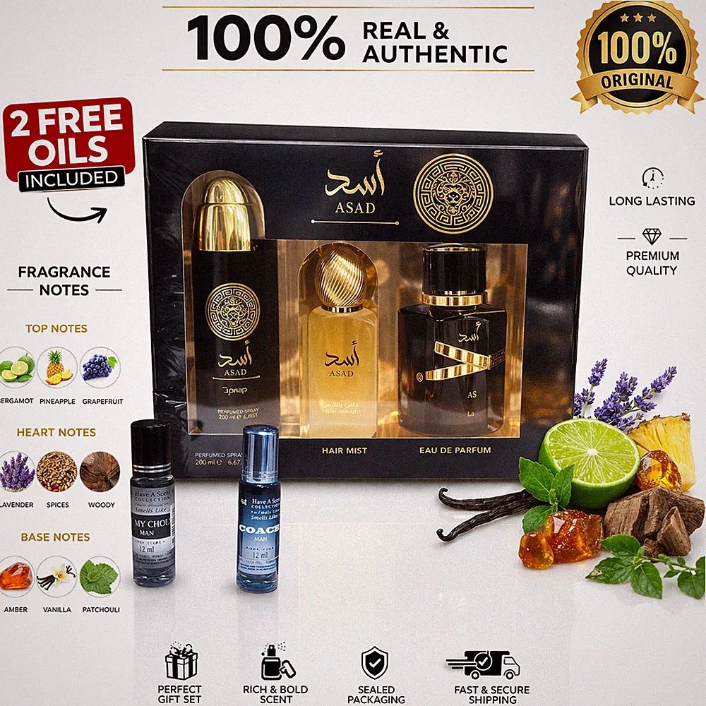 Lattafa Asad Gift Set EDP + Spray + Hair Mist + Bonus Minis Men Fragrance