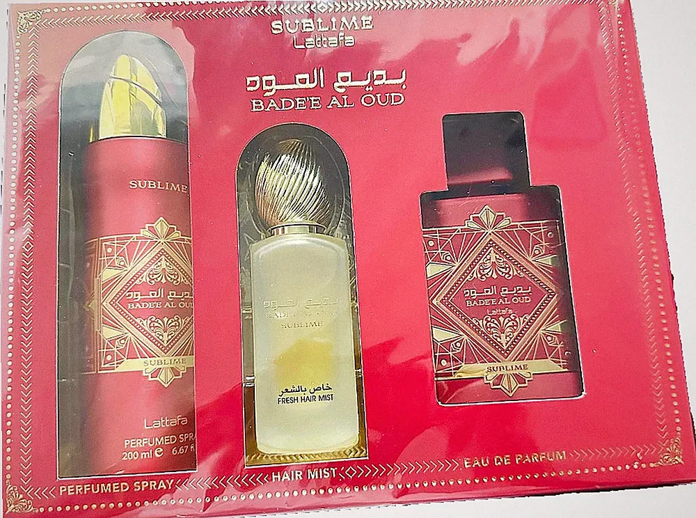 LATTAFA BADE'E AL OUD SUBLIME 3 PC SET 3.4 EDP SPRAY + 6.8 DEO SPRAY + HAIR MIST