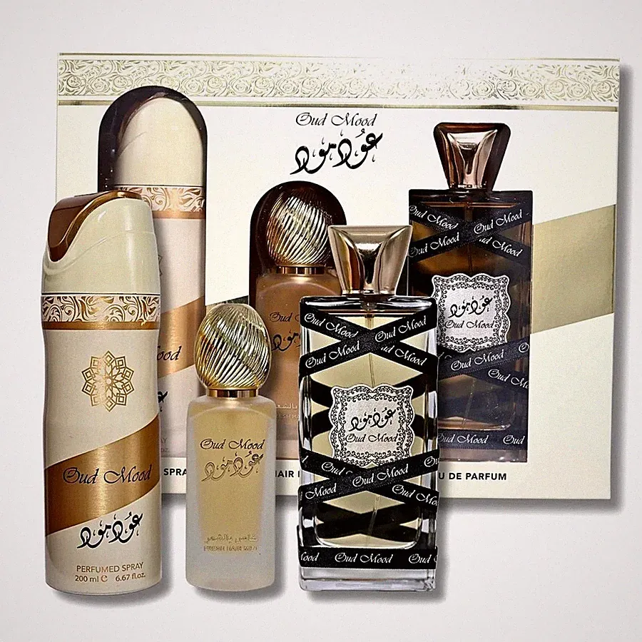 Lattafa Oud Mood 3PC Set 3.4oz EDP Spray + 1.7oz Hair Mist + 6.7oz Body Spray